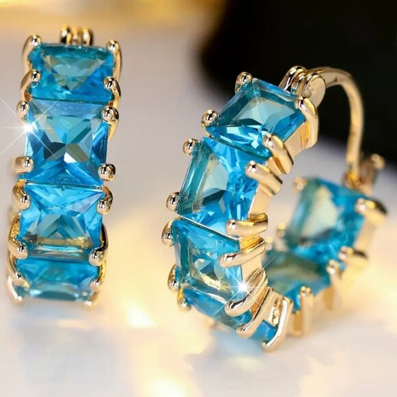 Gold Tone Huggie Earrings with Blue Princess Cut Stones and Tons of Bling #1490 - Picture 4 of 4
